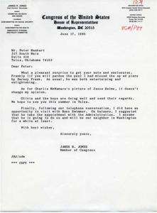 Correspondence from Congressman James R. Jones in reply to Mr. Peter Manhart, 1985-06-17